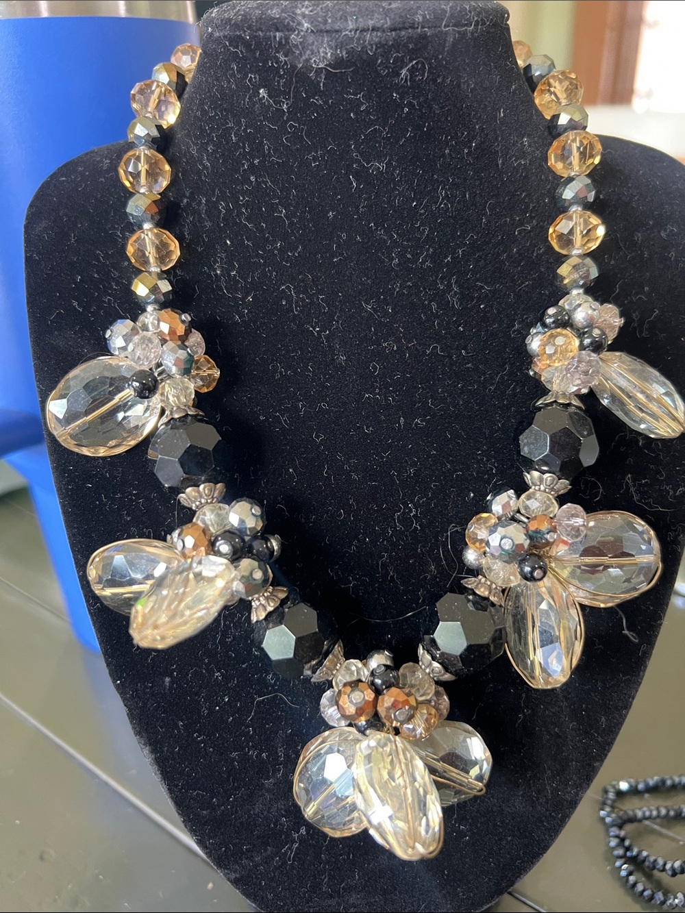Statement Black and Champagne Beaded Floral Necklace